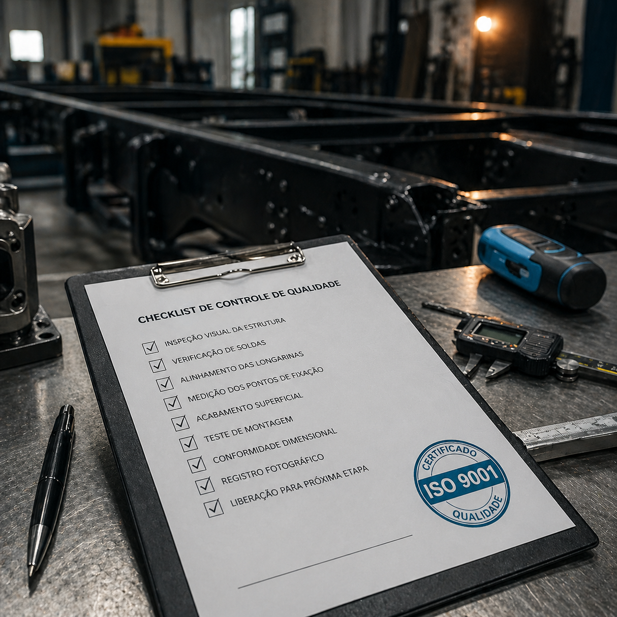Checklist de controle de qualidade ISO 9001 sobre bancada de inspeção com chassis ao fundo
