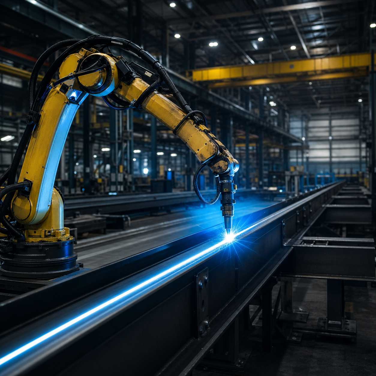 Braço robótico amarelo soldando longarina de carreta com arco azul brilhante em fábrica industrial